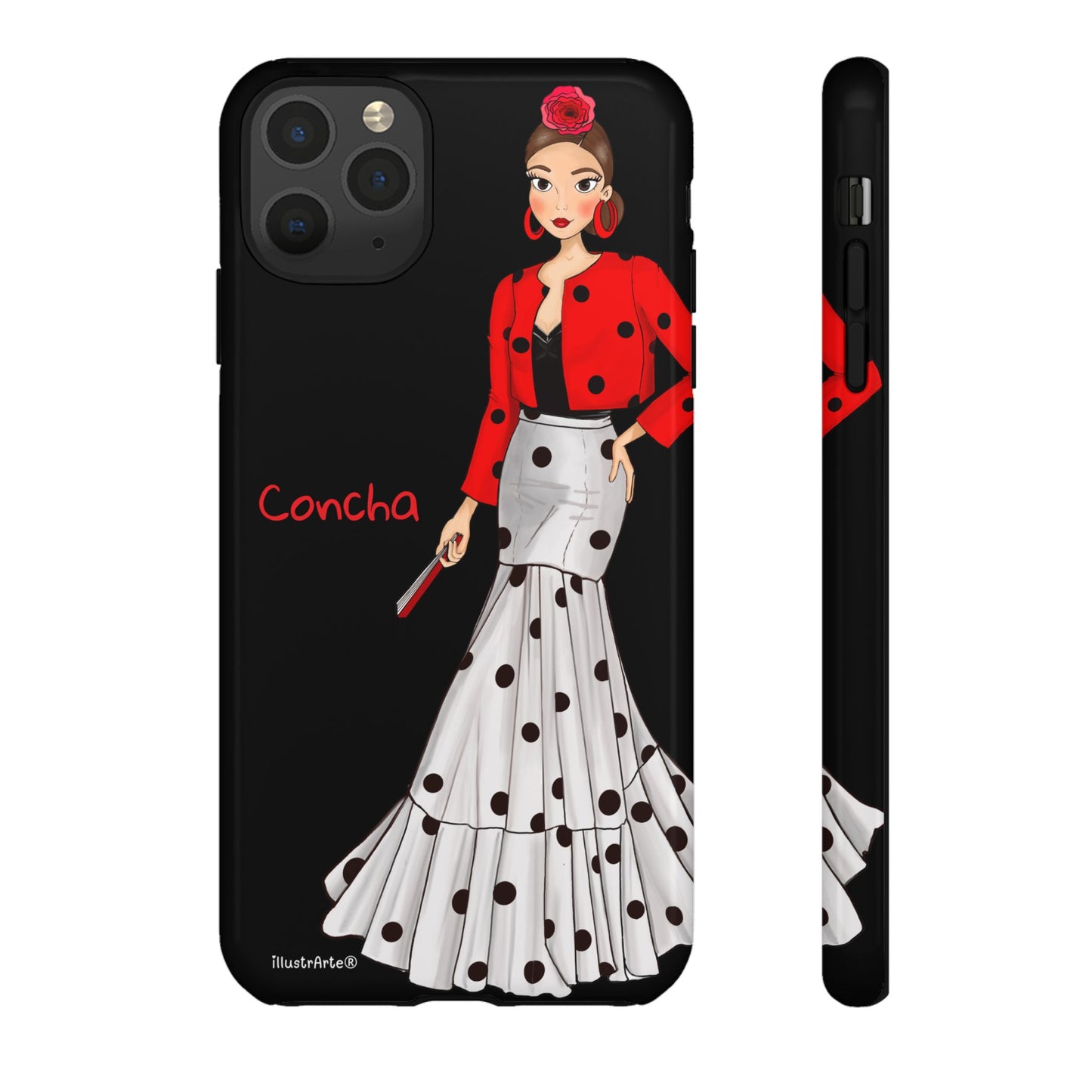 Funda de teléfono personalizable con detalles de un diseño único - Modelo Conchita fondo negro.