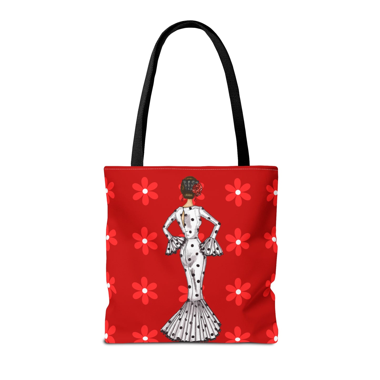 a red tote bag with a picture of a woman on it