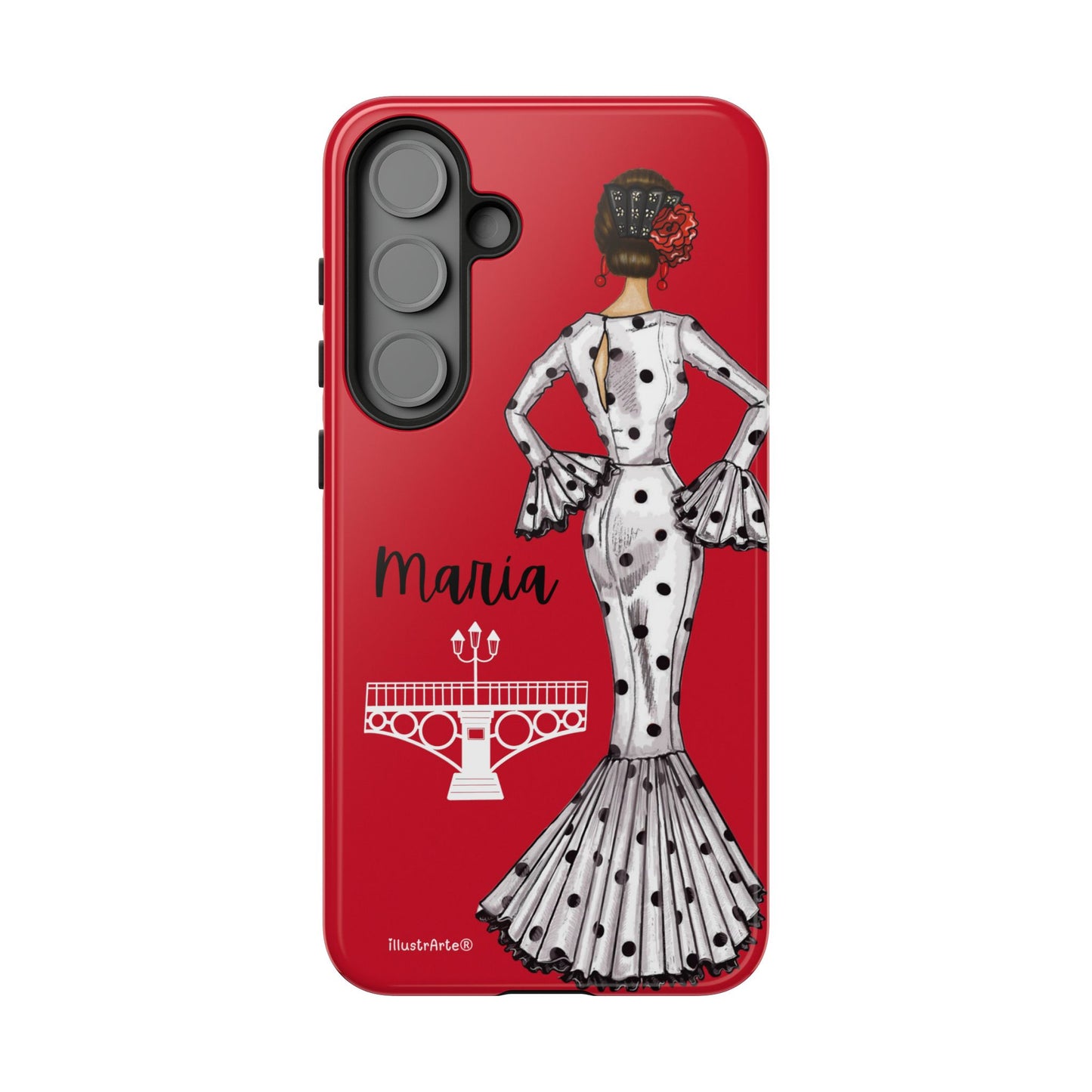 Funda de teléfono personalizada con diseño flamenco de María, ideal para quienes buscan estilo en su iPhone.