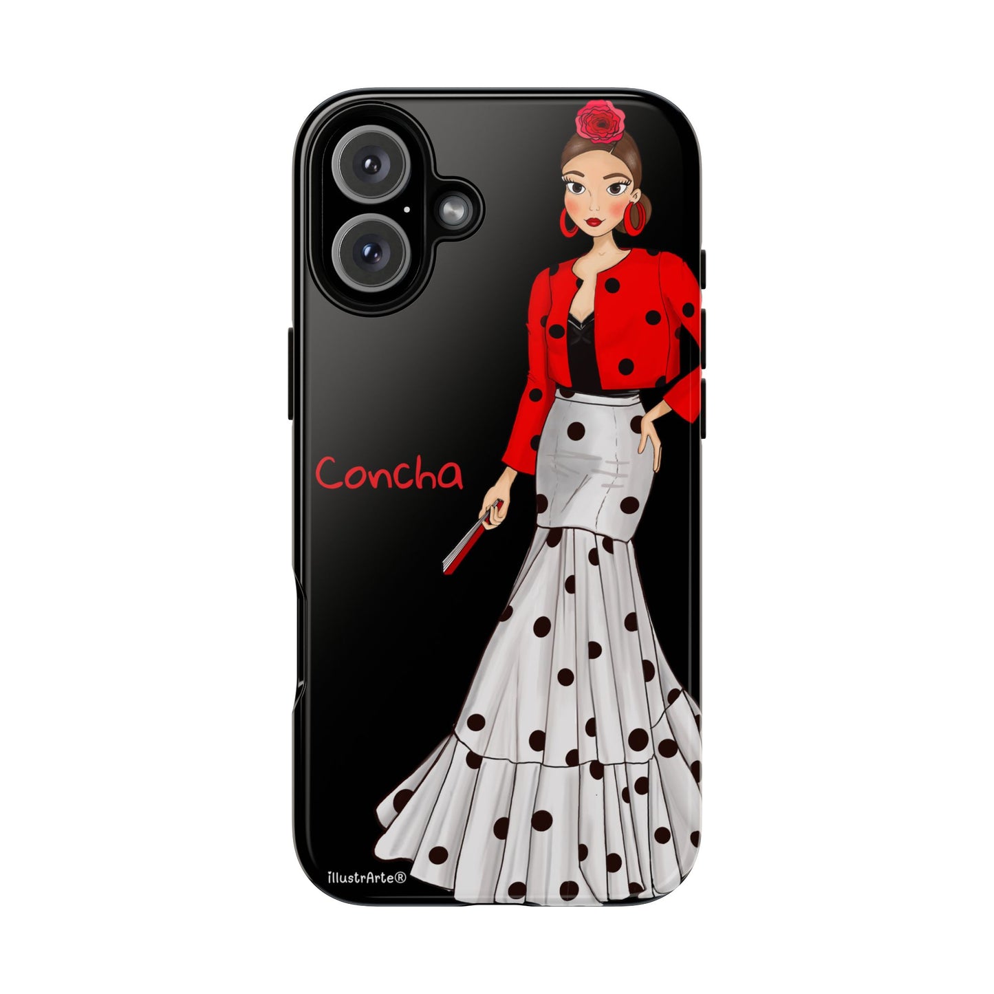 Funda de teléfono personalizable - Modelo Conchita en fondo negro.