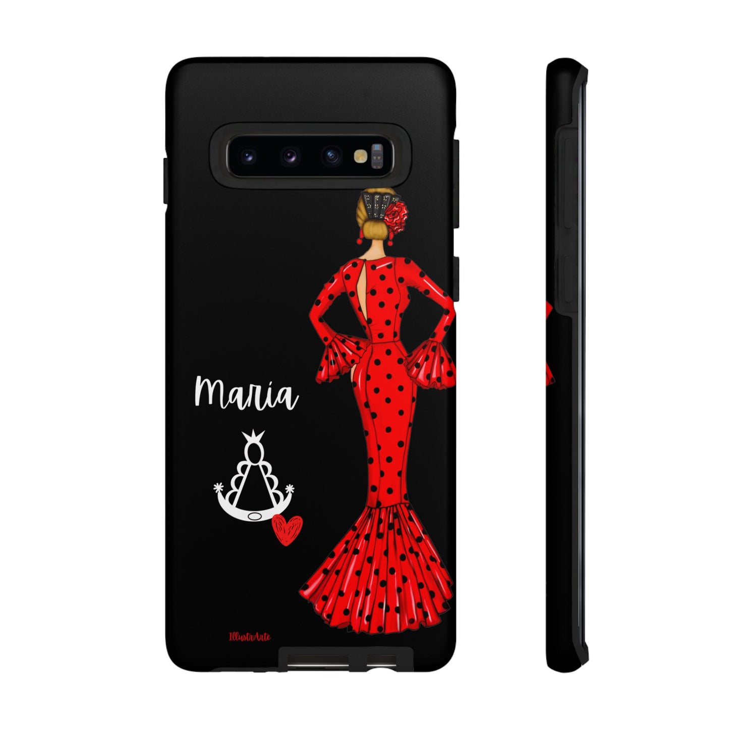 una funda de teléfono con una mujer en un vestido rojo