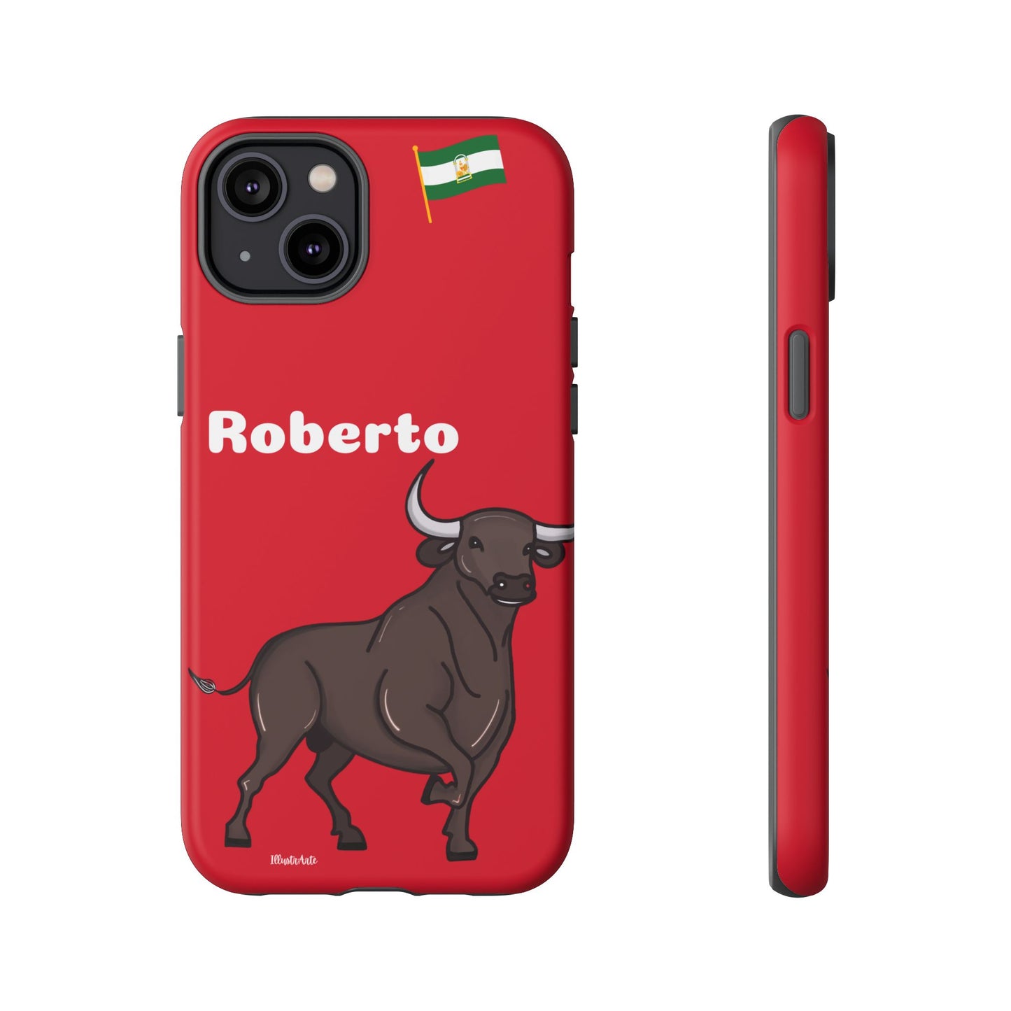 una funda de teléfono roja con un toro en ella