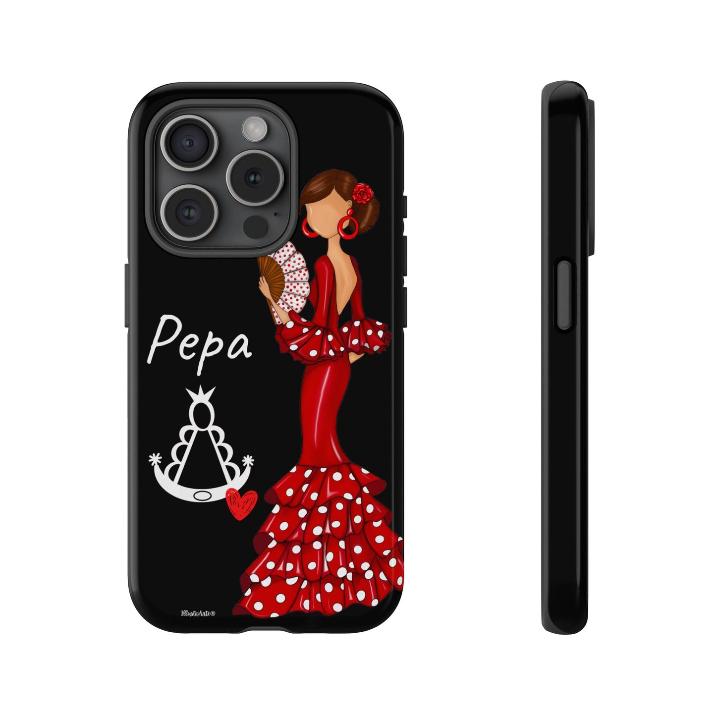 una funda de teléfono con una mujer en un vestido rojo sosteniendo un pastel