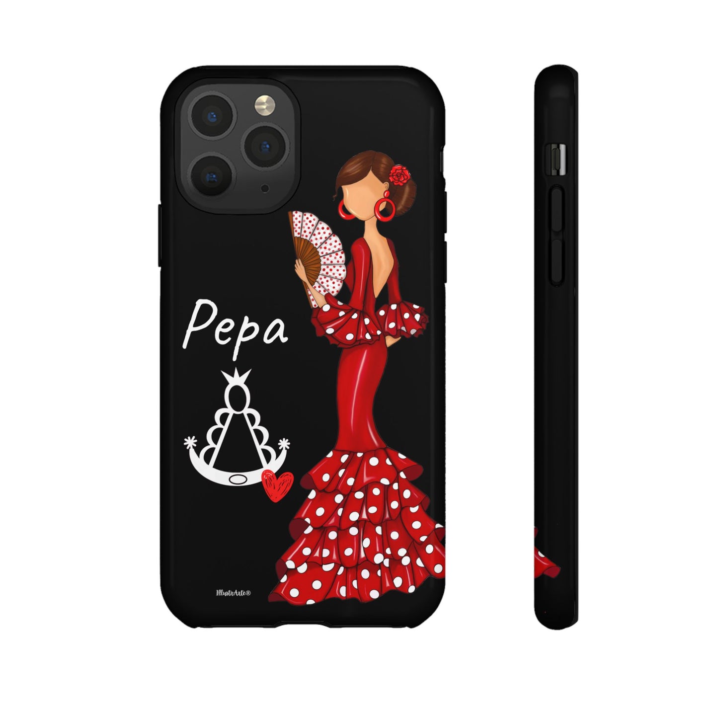 una funda de teléfono con una mujer en un vestido de lunares