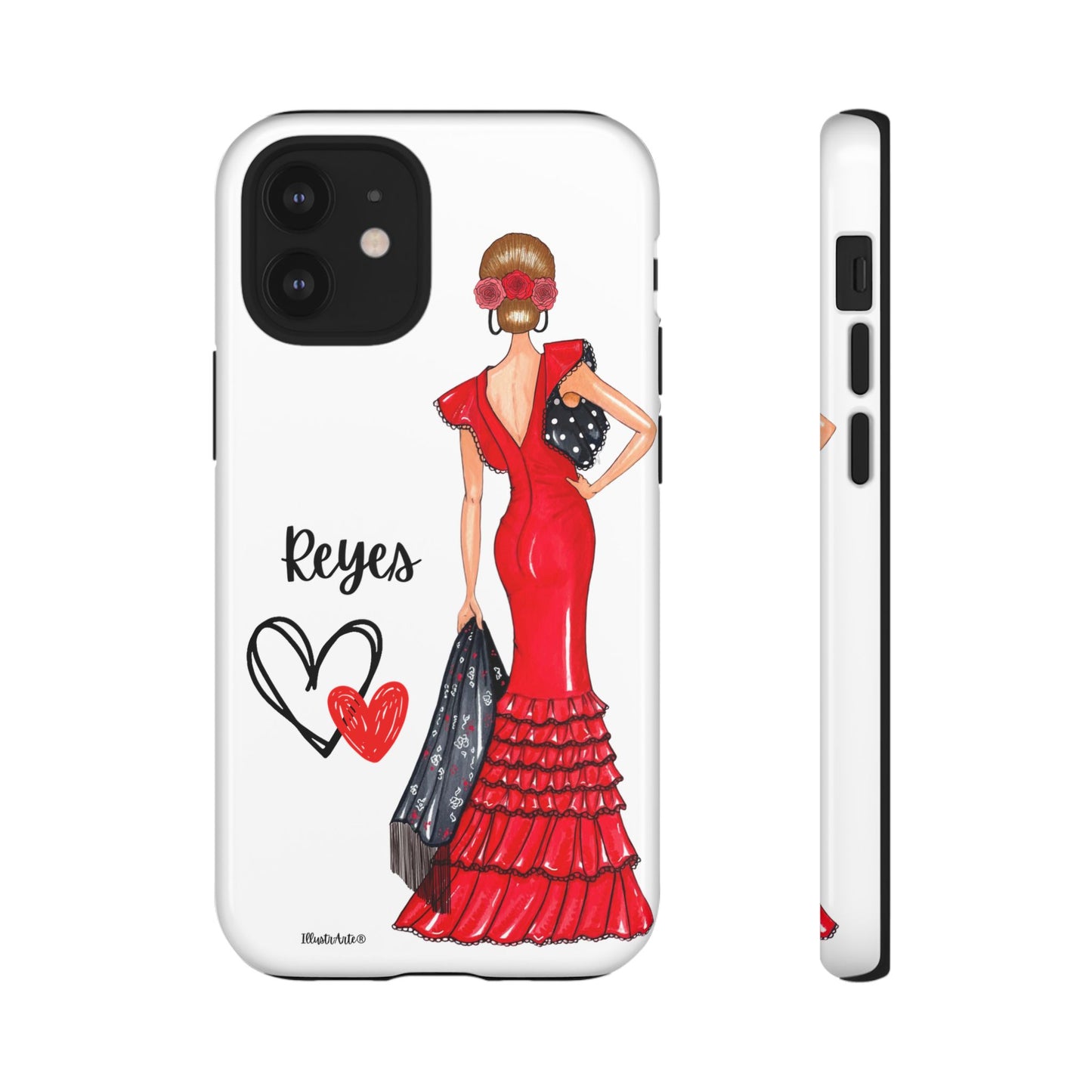 una funda de teléfono con una mujer en un vestido rojo