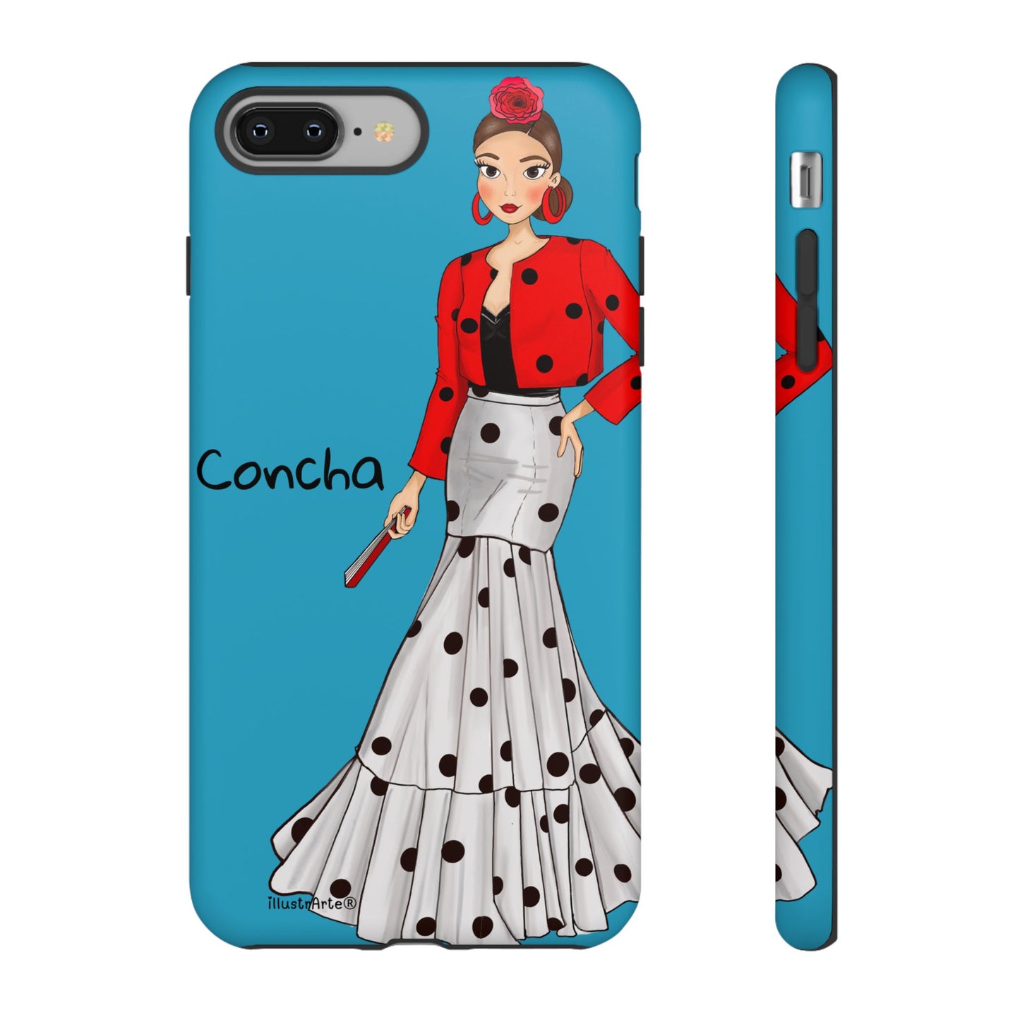 Funda de teléfono vibrante y funcional, Modelo Conchita fondo azul, perfecta para personalizar.