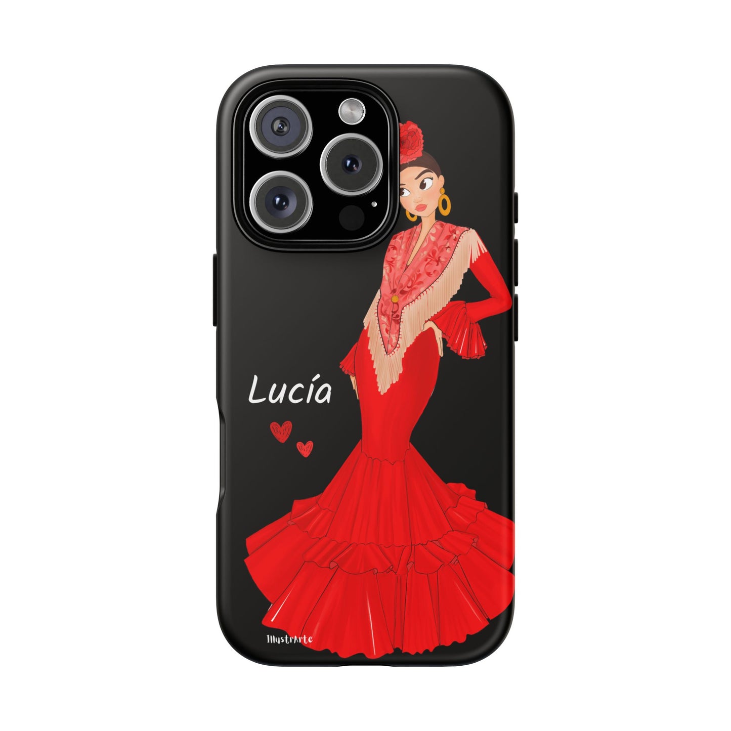 una funda de teléfono con una mujer en un vestido rojo