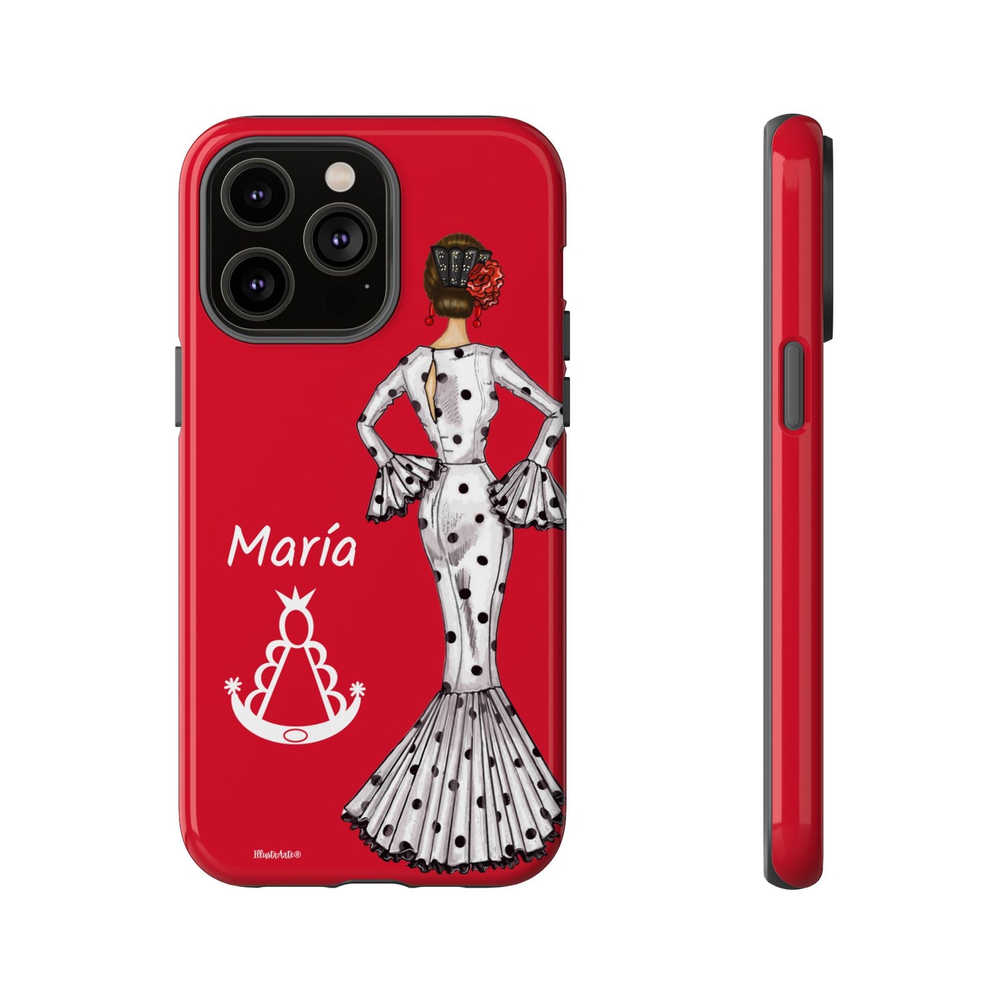 una funda de teléfono roja con una imagen de una mujer en ella