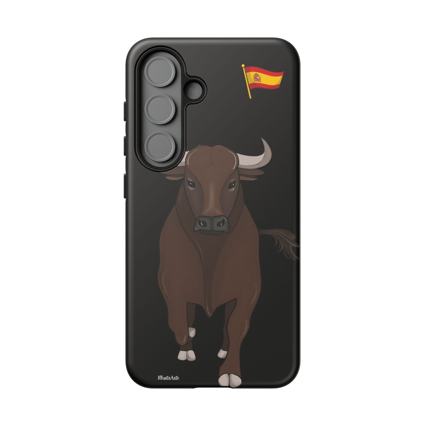 Funda de teléfono toro Manuel en acción, mostrando su diseño en un evento.