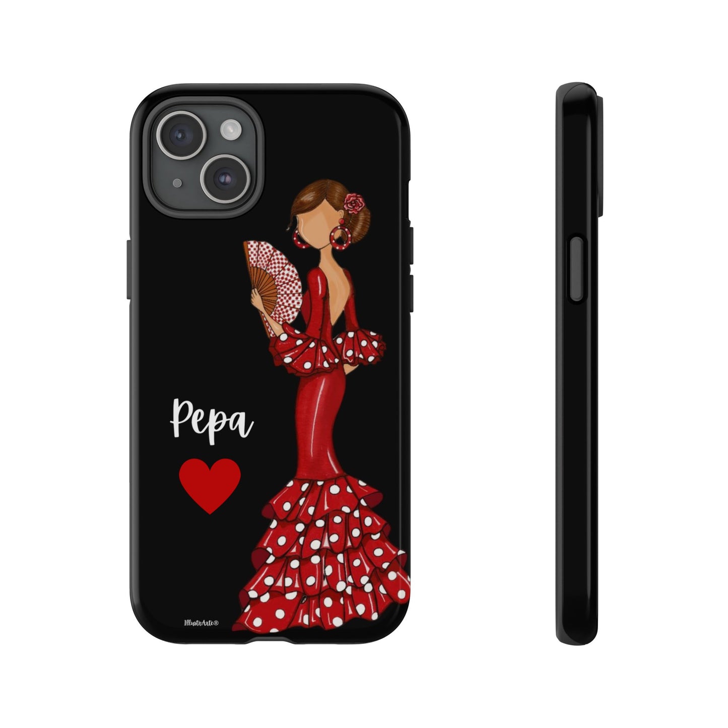 una funda de teléfono con una mujer en un vestido rojo