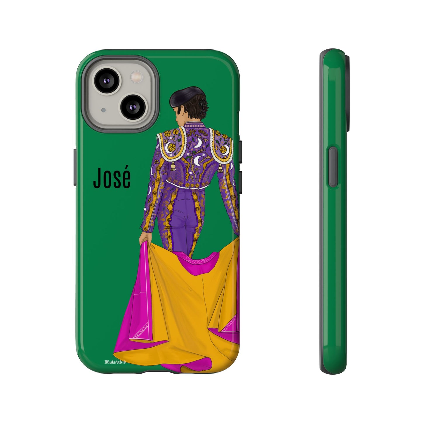 una funda de teléfono verde con una imagen de un hombre en un atuendo púrpura y amarillo