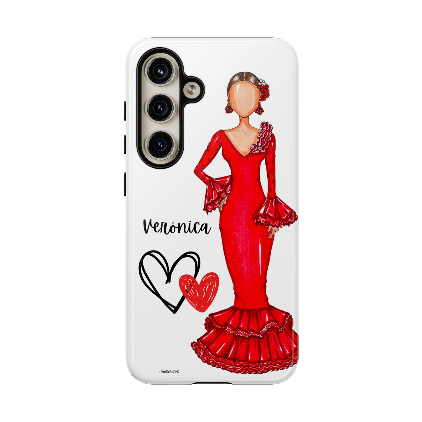 una funda de teléfono con un dibujo de una mujer en un vestido rojo