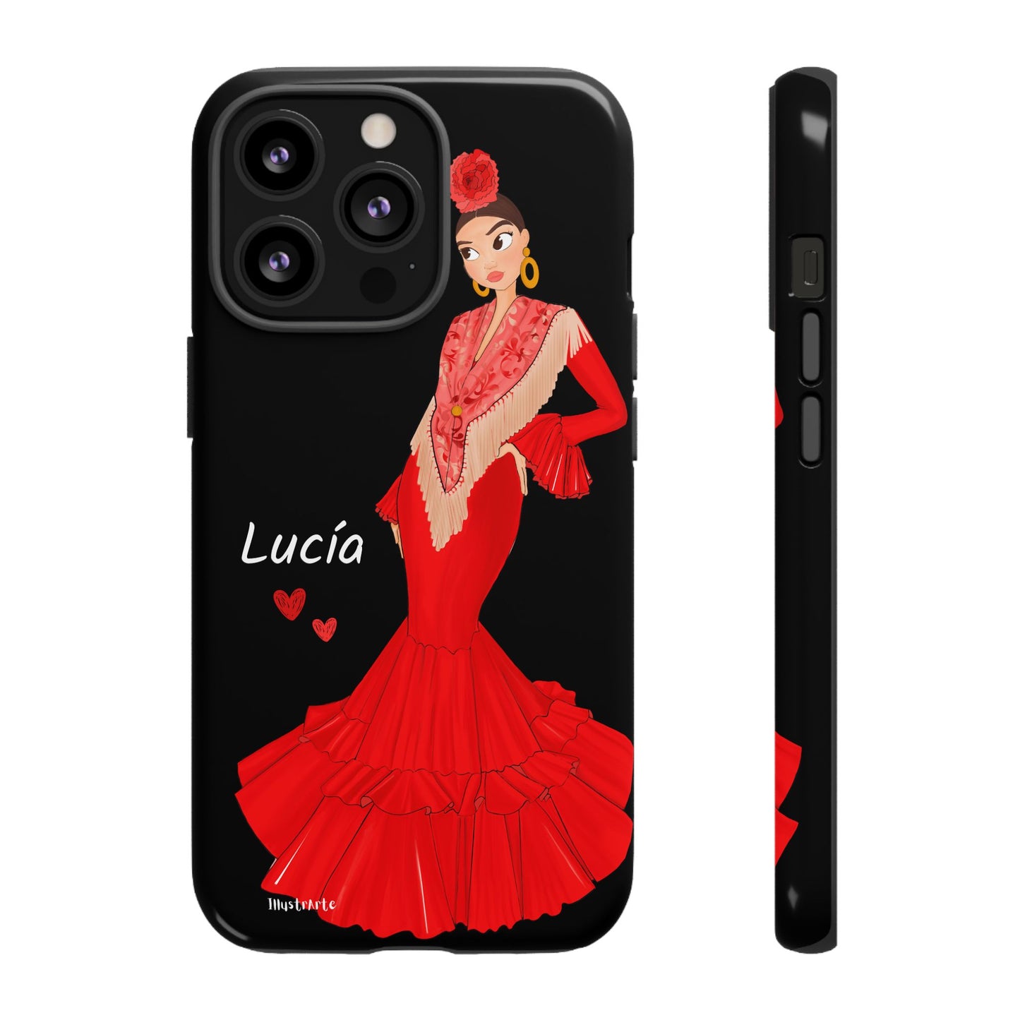 una funda de teléfono con una mujer en un vestido rojo