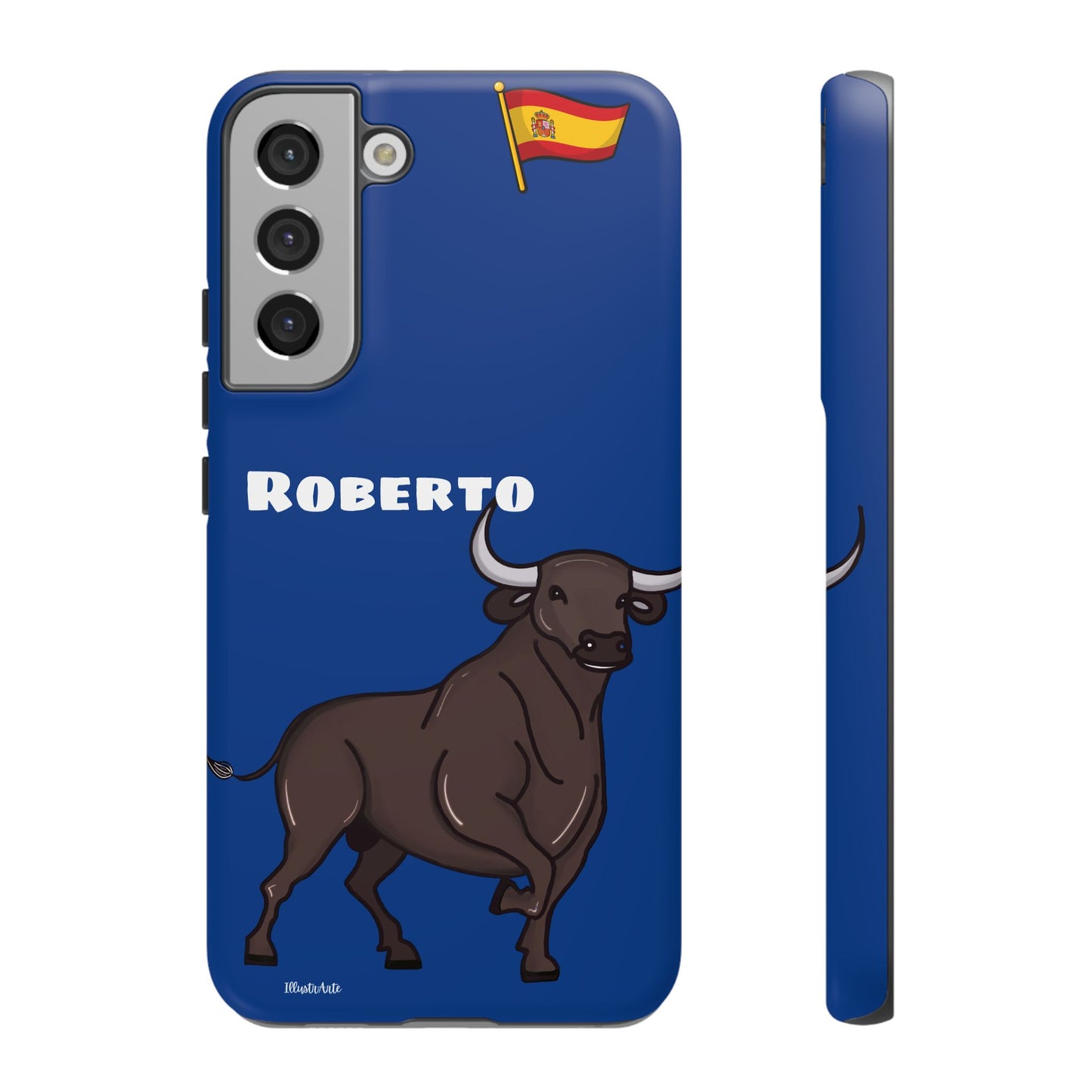 Funda de teléfono personalizable con nombre/bandera/Virgen - Modelo Toro Roberto, con detalles de su atractivo diseño.
