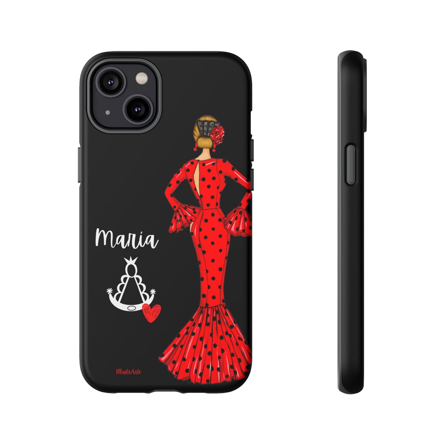 una funda de teléfono con una mujer en un vestido rojo