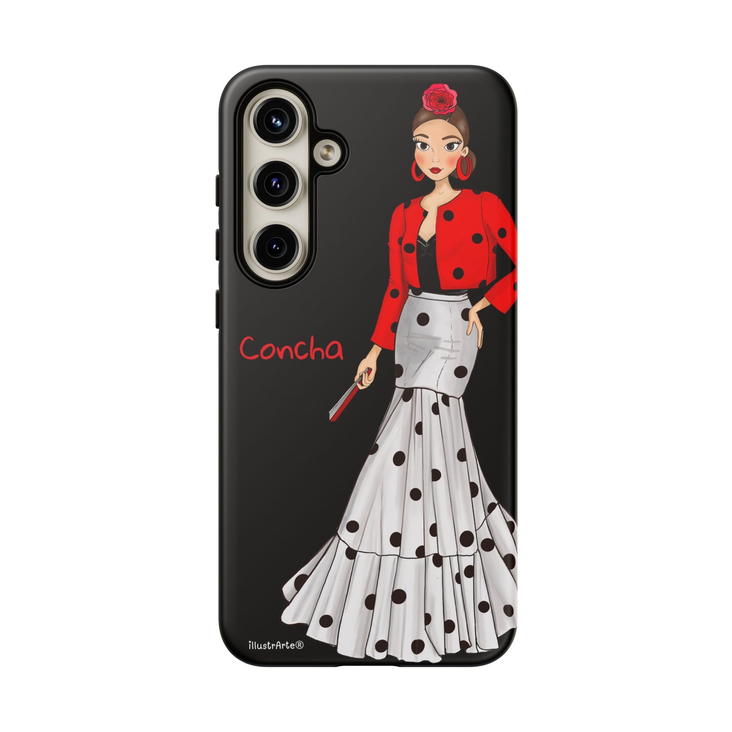 Funda de teléfono personalizable con detalles de seguridad - Modelo Conchita fondo negro.