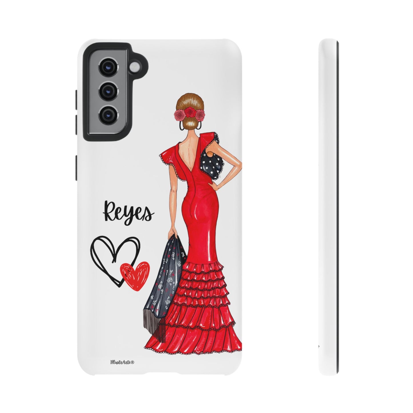 una funda de teléfono con una mujer en un vestido rojo