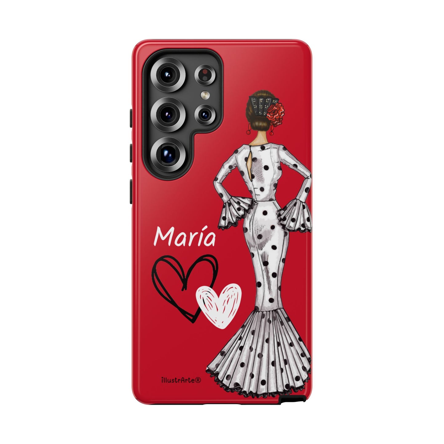 Personalized Maria phone case, white with red hearts background – for iPhone, Samsung, Pixel