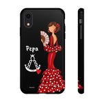 Personalised phone case flamenco dancer Pepa, with a little Virgin Mary for iPhone XR, gloss finish – illustrArte