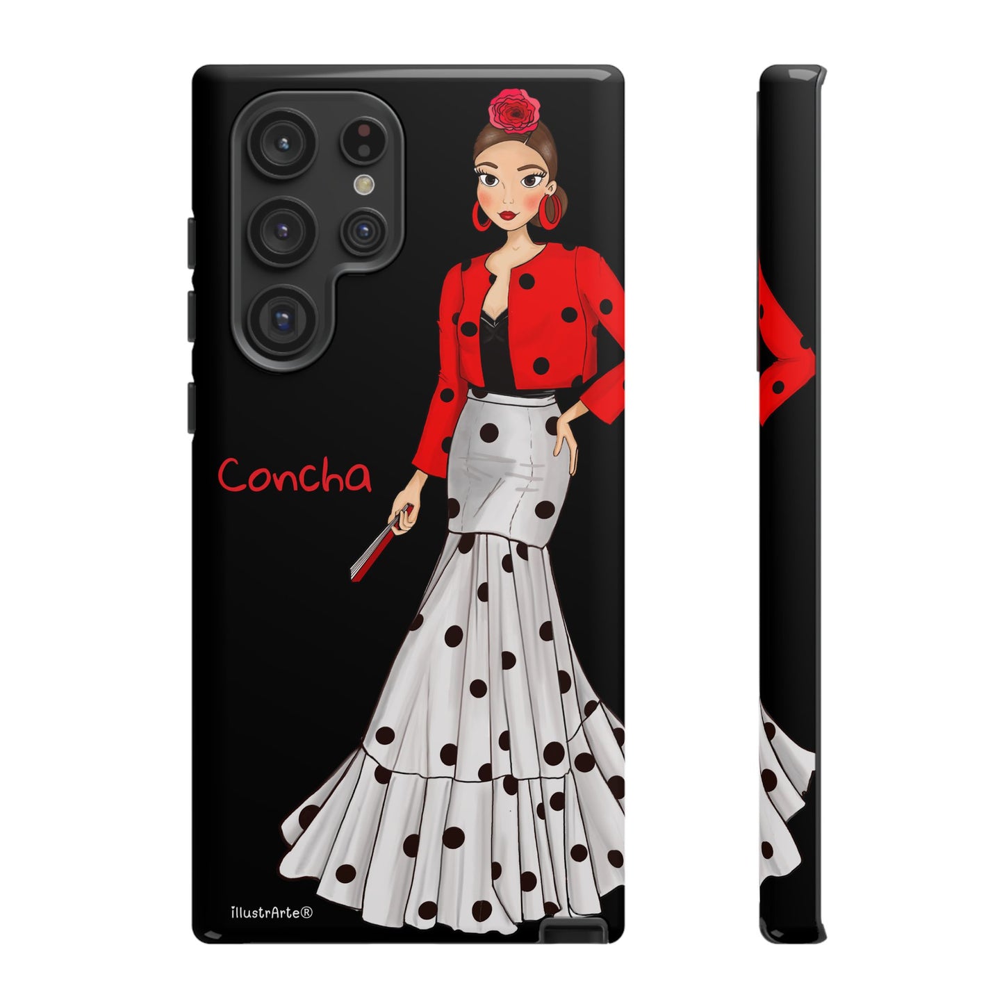 Funda personalizable con nombre y detalles gráficos - Modelo Conchita fondo negro.