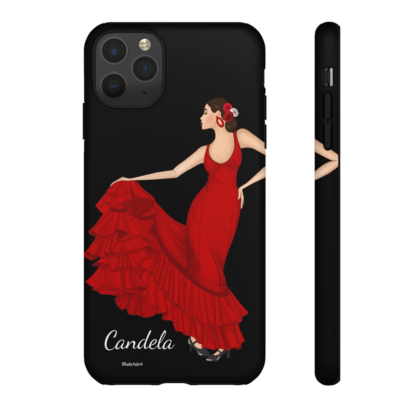 una funda de teléfono con una mujer en un vestido rojo