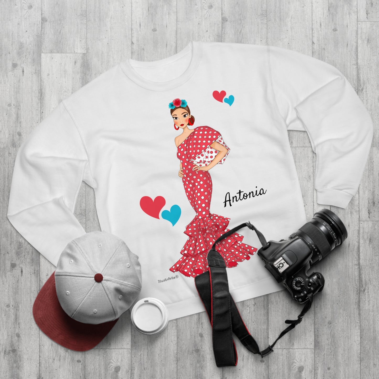 Sudadera Personalizable  - Flamenca Antonia, fondo blanco - Arte, color y comodidad en una sola prenda