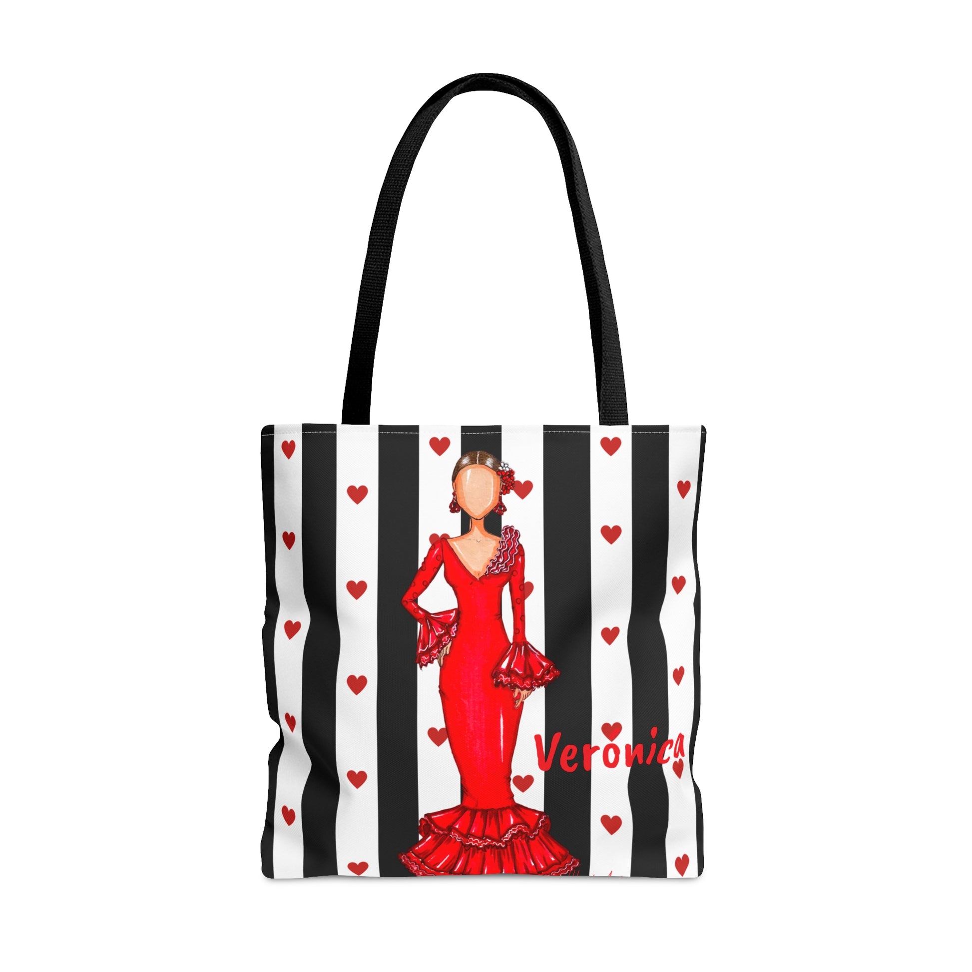 Flamenco lover Tote Bag, fabric tote bag with white black and white stripes background and a flamenco dancer in a red dress. Choose between 3 sizes. - IllustrArte