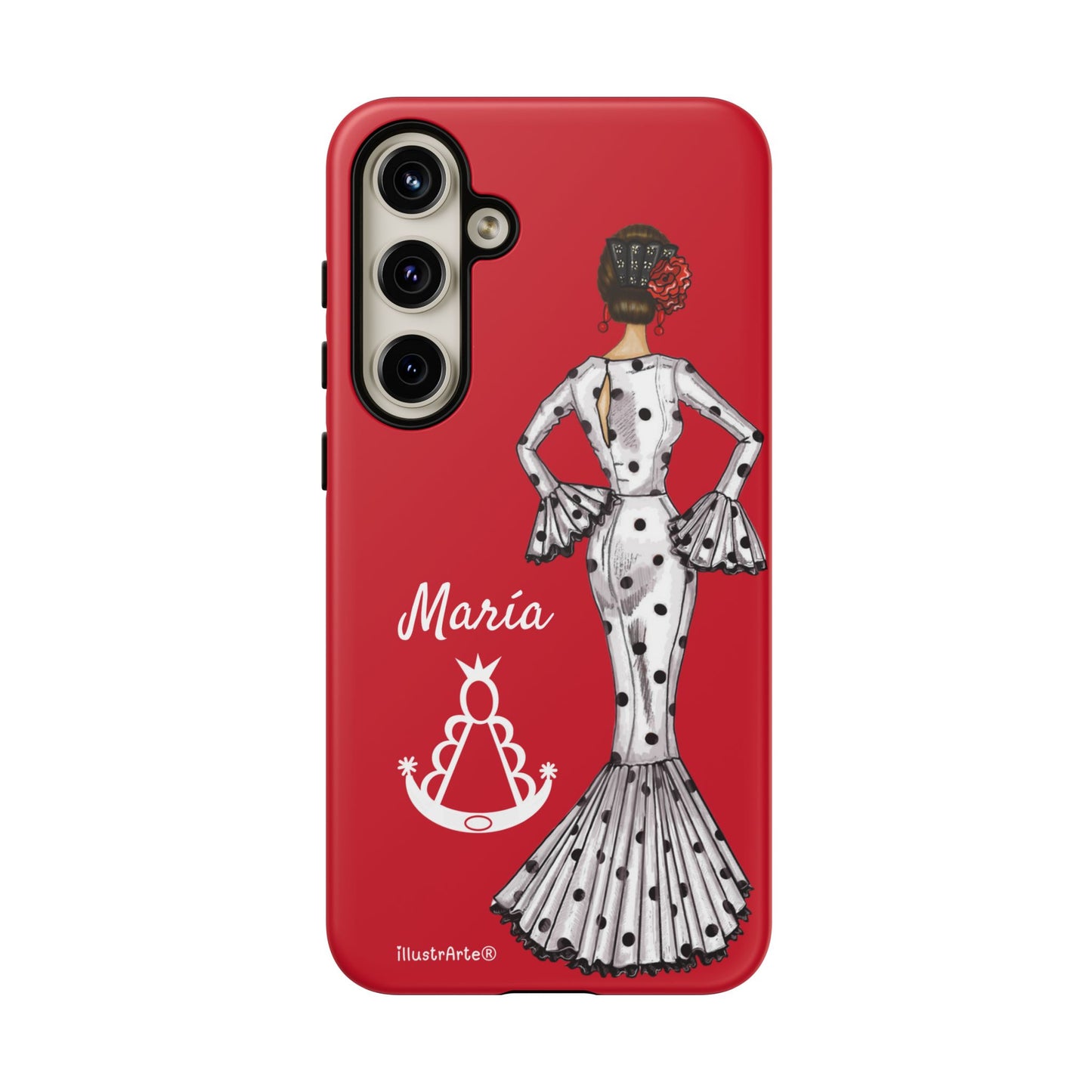 Capa de telefone personalizável com nome/bandeira/Virgem - modelo White Mary com Virgen del Rocío para iPhone, Samsung e Google Pixel