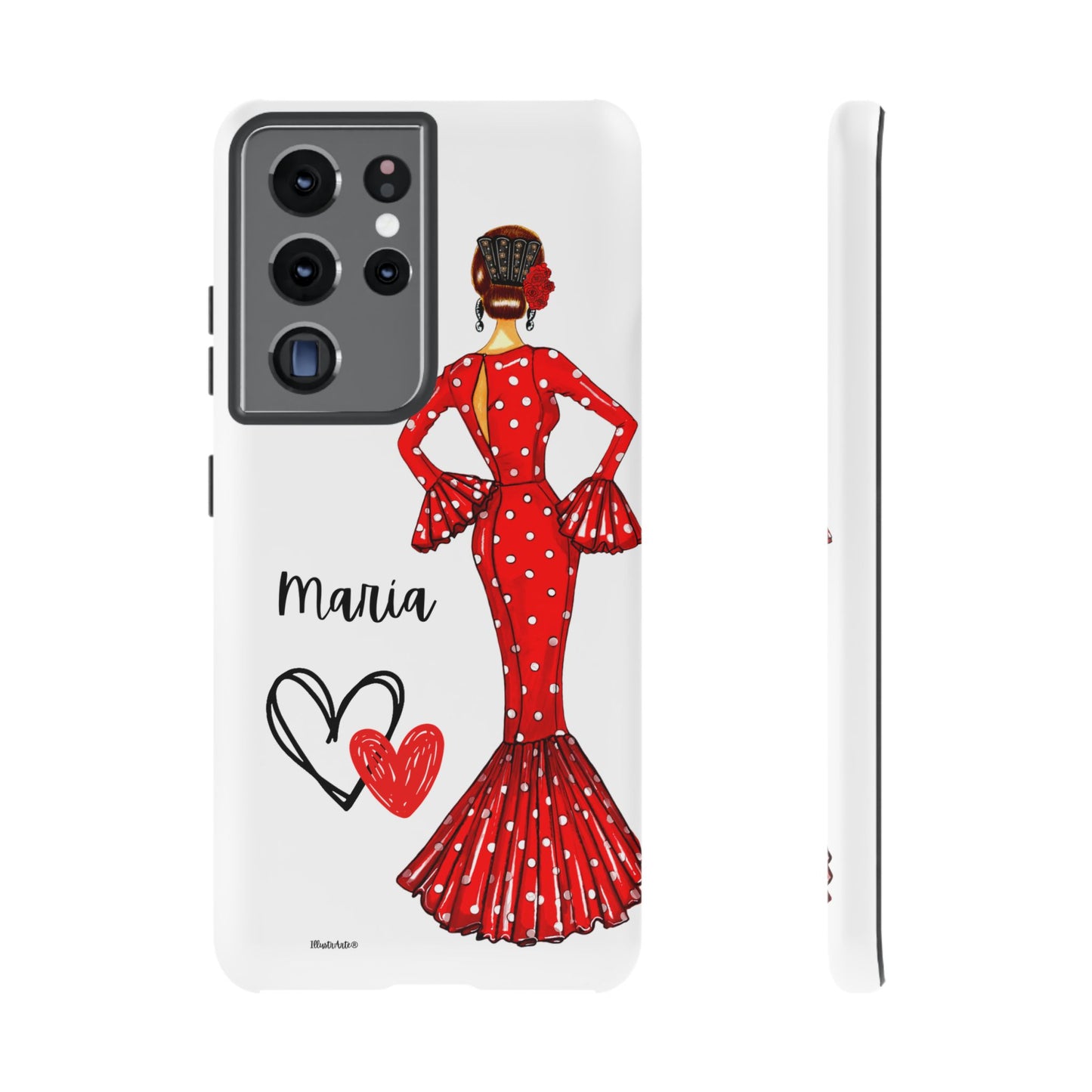 una funda de teléfono con una mujer en un vestido rojo