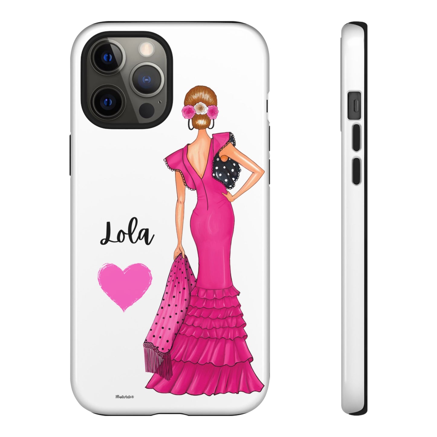 Funda de teléfono personalizable con nombre/bandera/Virgen - Modelo Manuela vestido rosa como el regalo ideal.