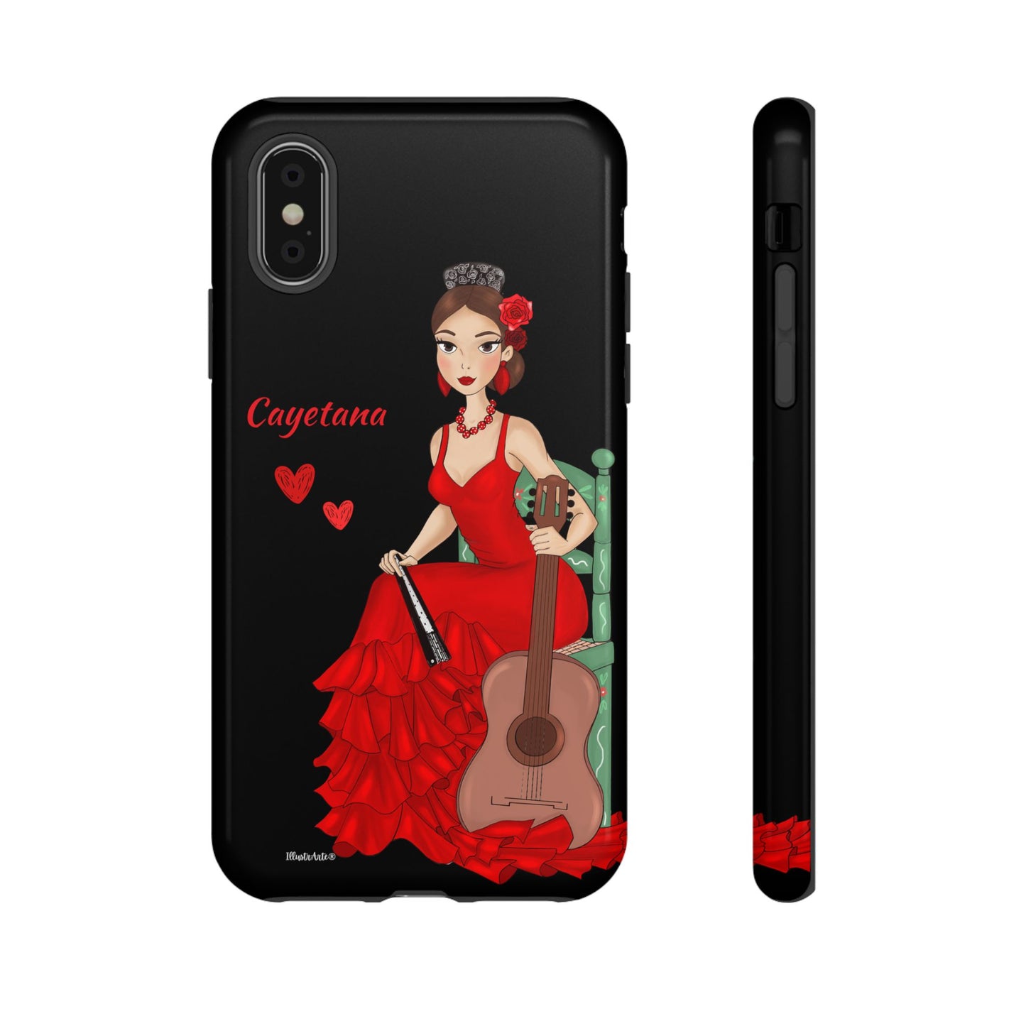 una funda de teléfono con una mujer en un vestido rojo sosteniendo una guitarra