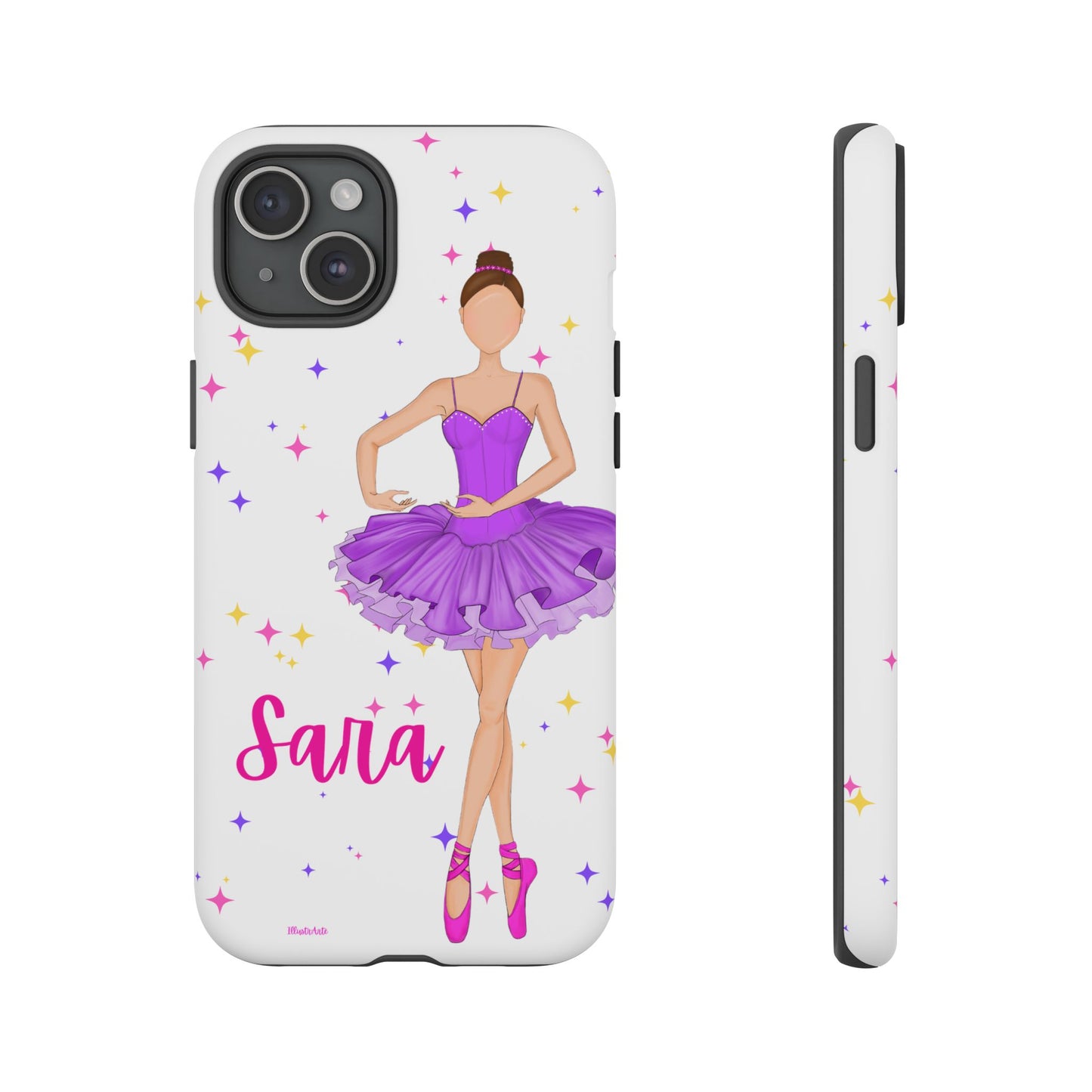 una funda de teléfono con una niña en un vestido púrpura