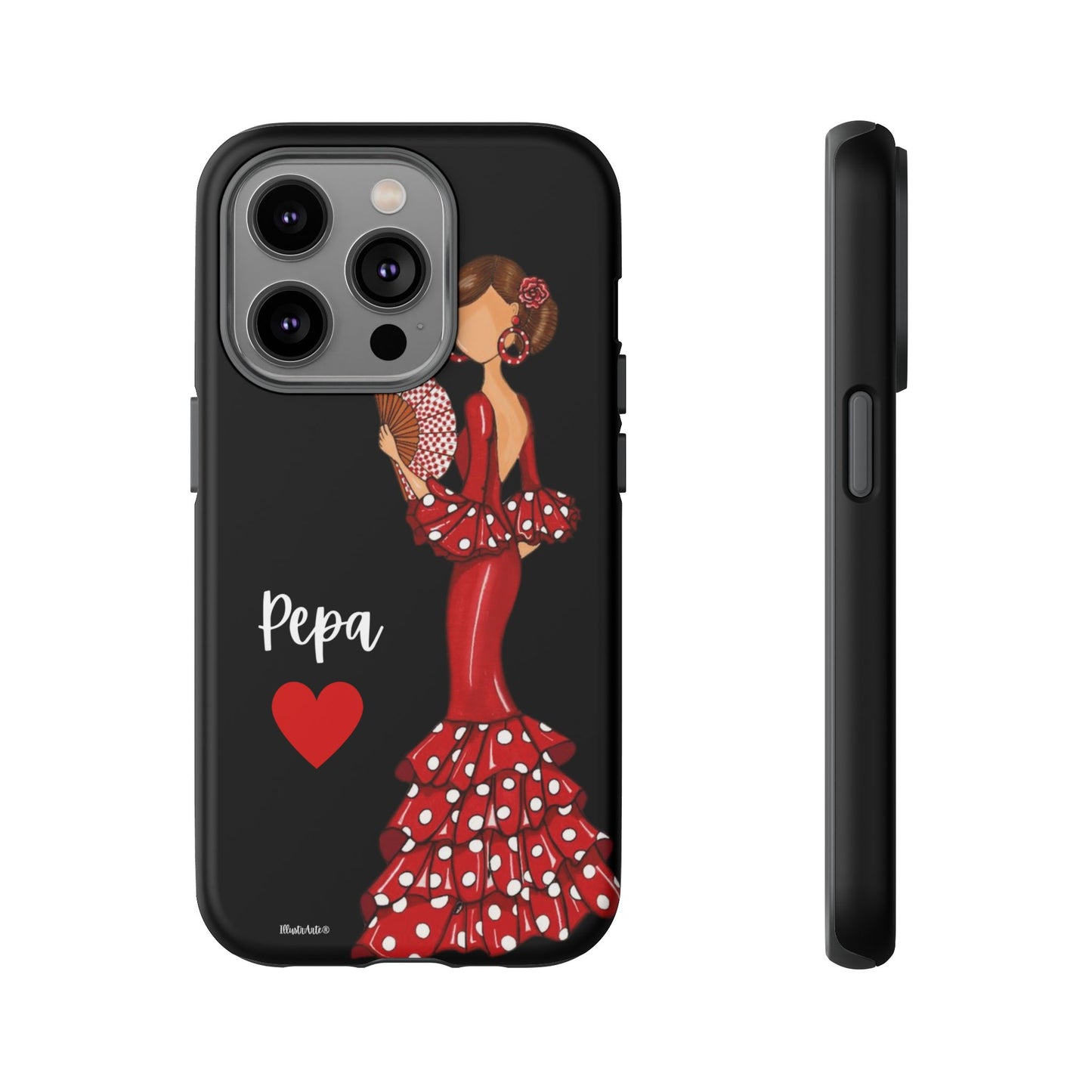 una funda de teléfono con una mujer en un vestido rojo