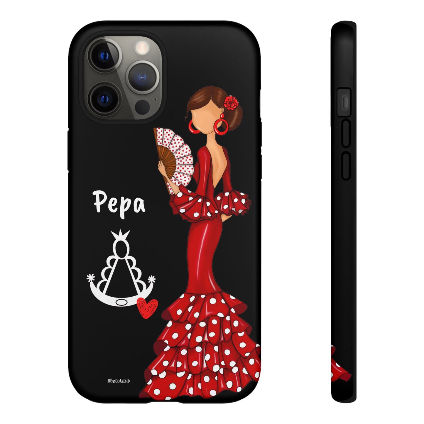Personalized Pepa phone case on a black background with the Virgin Mary – for iPhone, Samsung, Pixel