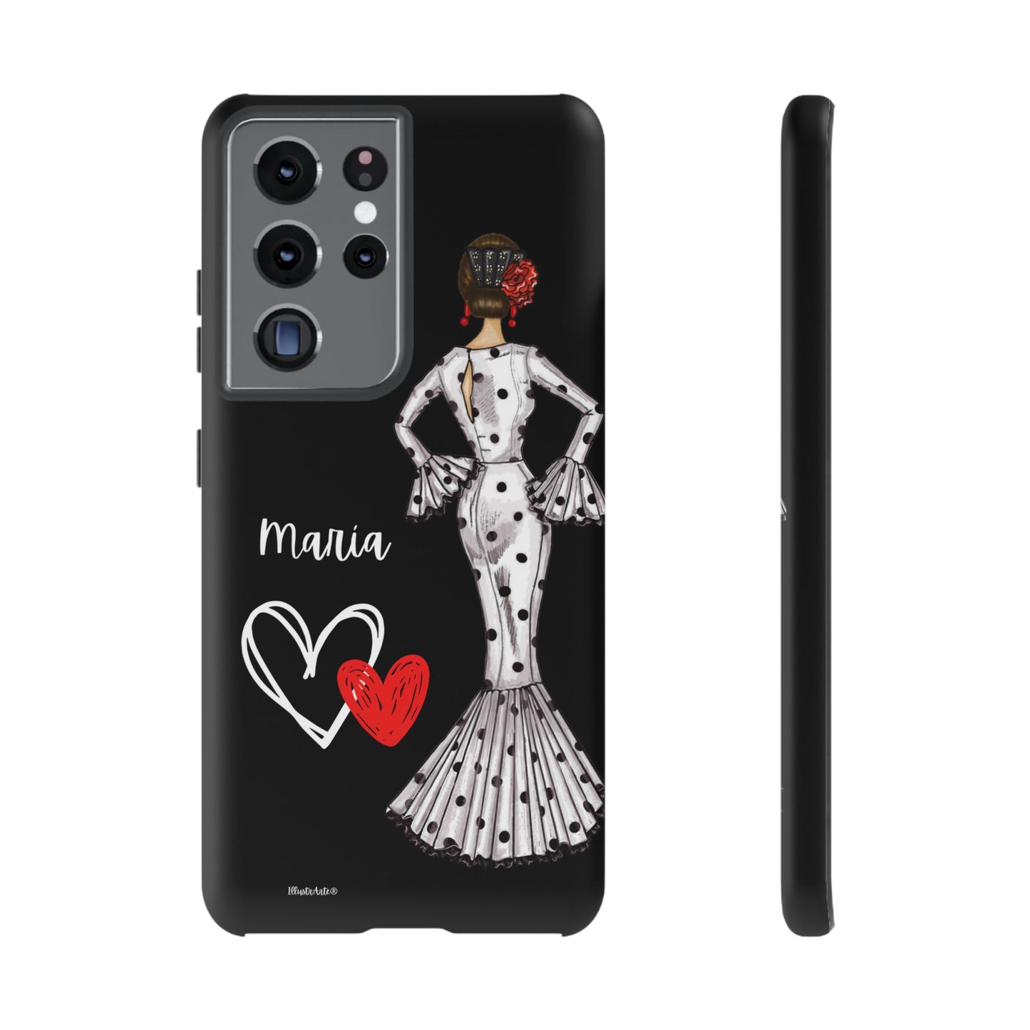 una funda de teléfono con una mujer en un vestido y un corazón