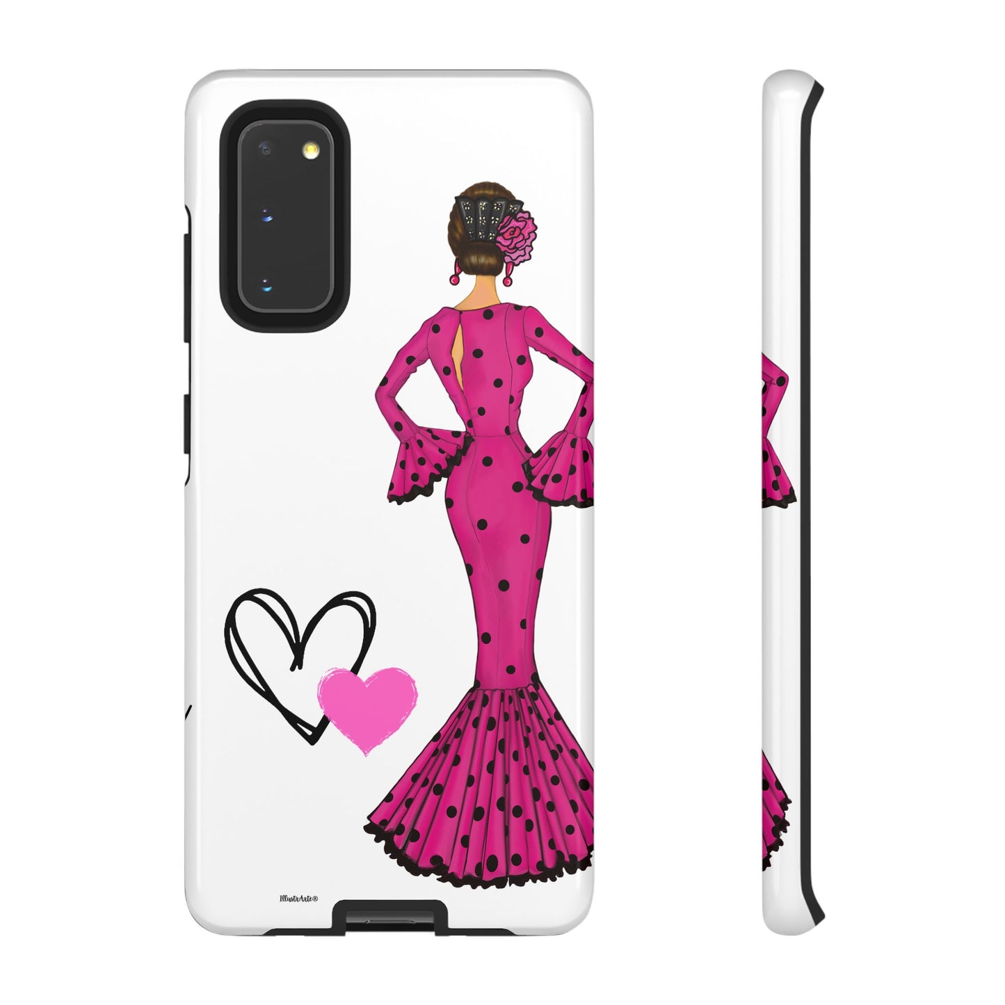 una funda de teléfono con una mujer en un vestido rosa