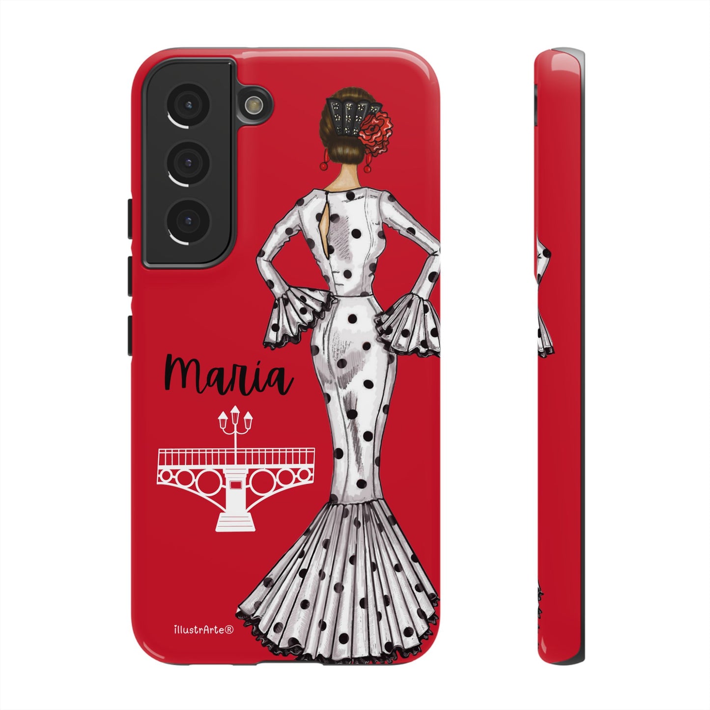 Funda de teléfono personalizable con diseño de flamenca María, perfecta para iPhone y Samsung Galaxy.