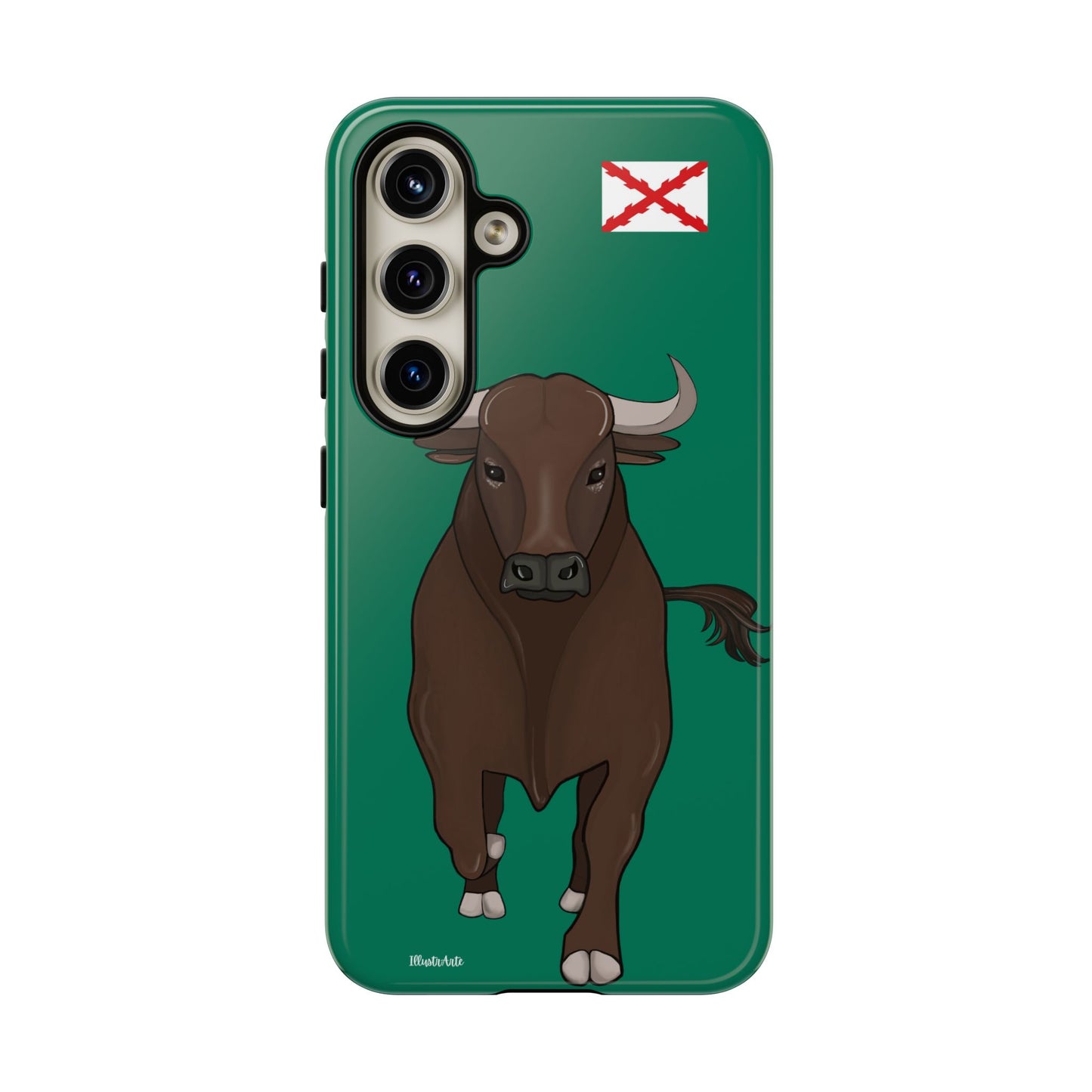 una funda de teléfono con una imagen de un toro en ella