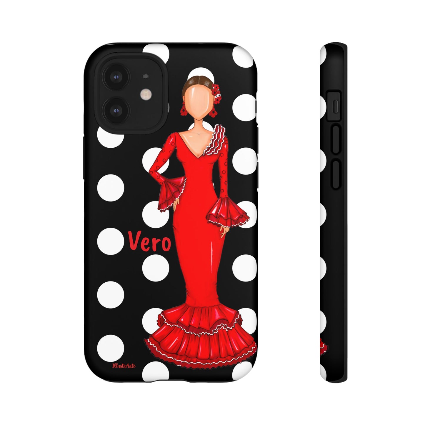 una funda de celular con una mujer en un vestido rojo