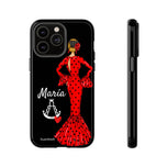 Personalised phone case flamenco dancer María, red dress, with a little Virgin Mary for iPhone 14 Pro Max, gloss finish – illustrArte