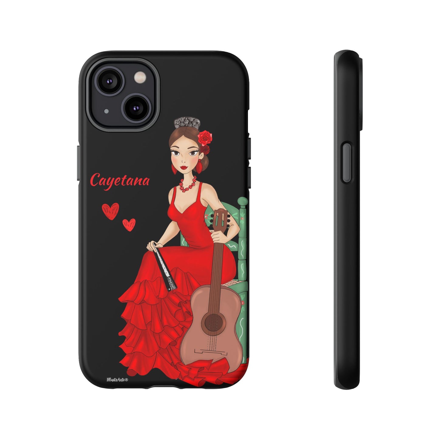 una funda de teléfono con una mujer en un vestido rojo sosteniendo una guitarra