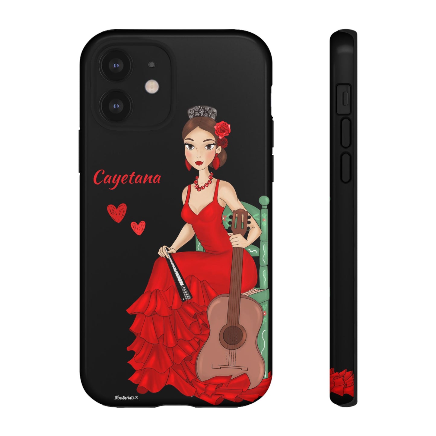 una funda de teléfono con una mujer en un vestido rojo sosteniendo una guitarra