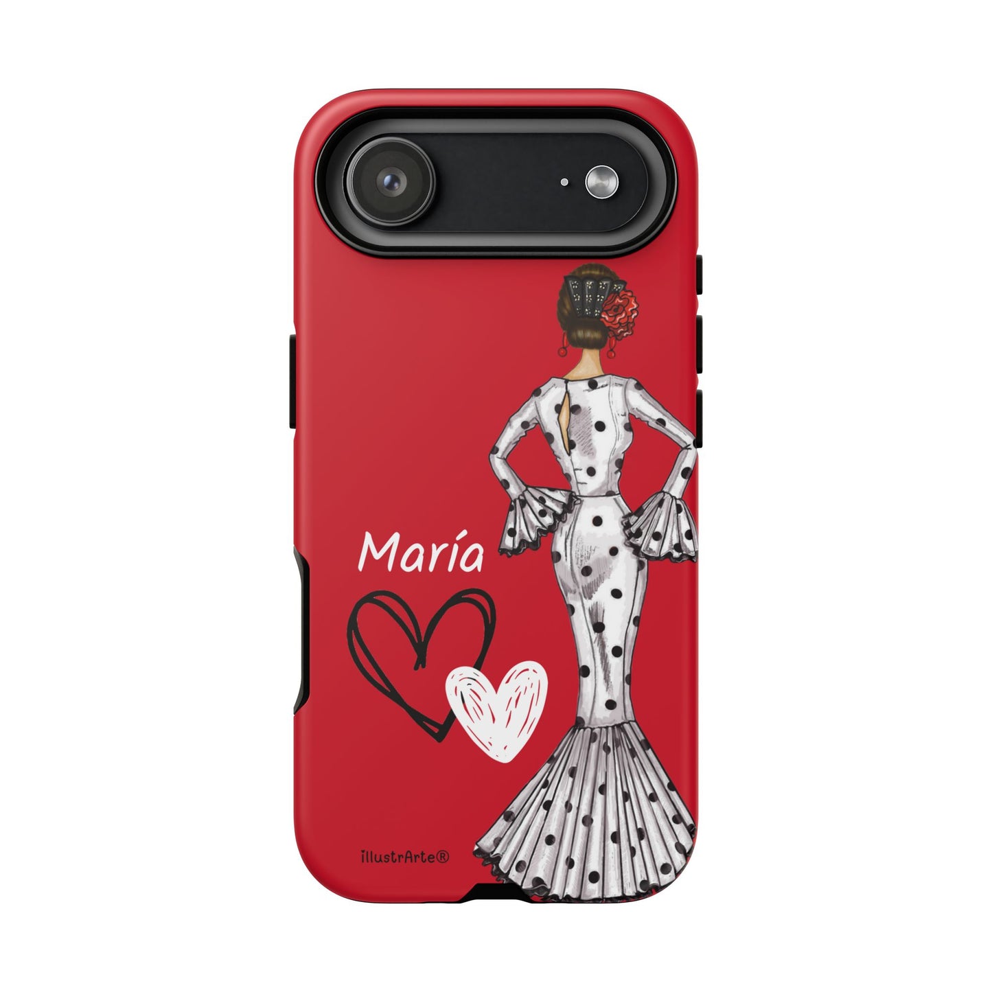 Personalized Maria phone case, white with red hearts background – for iPhone, Samsung, Pixel
