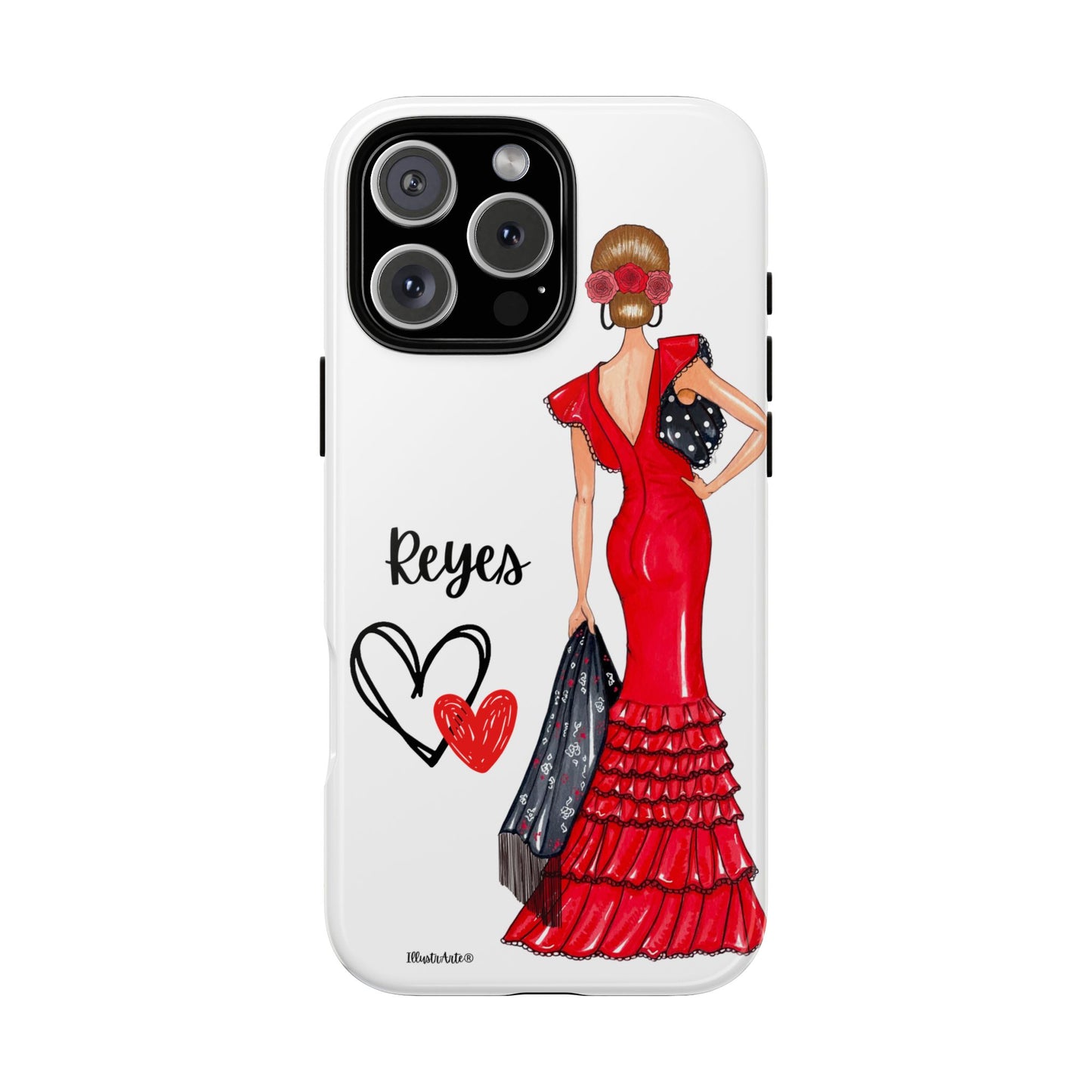 una funda de teléfono con una mujer en un vestido rojo