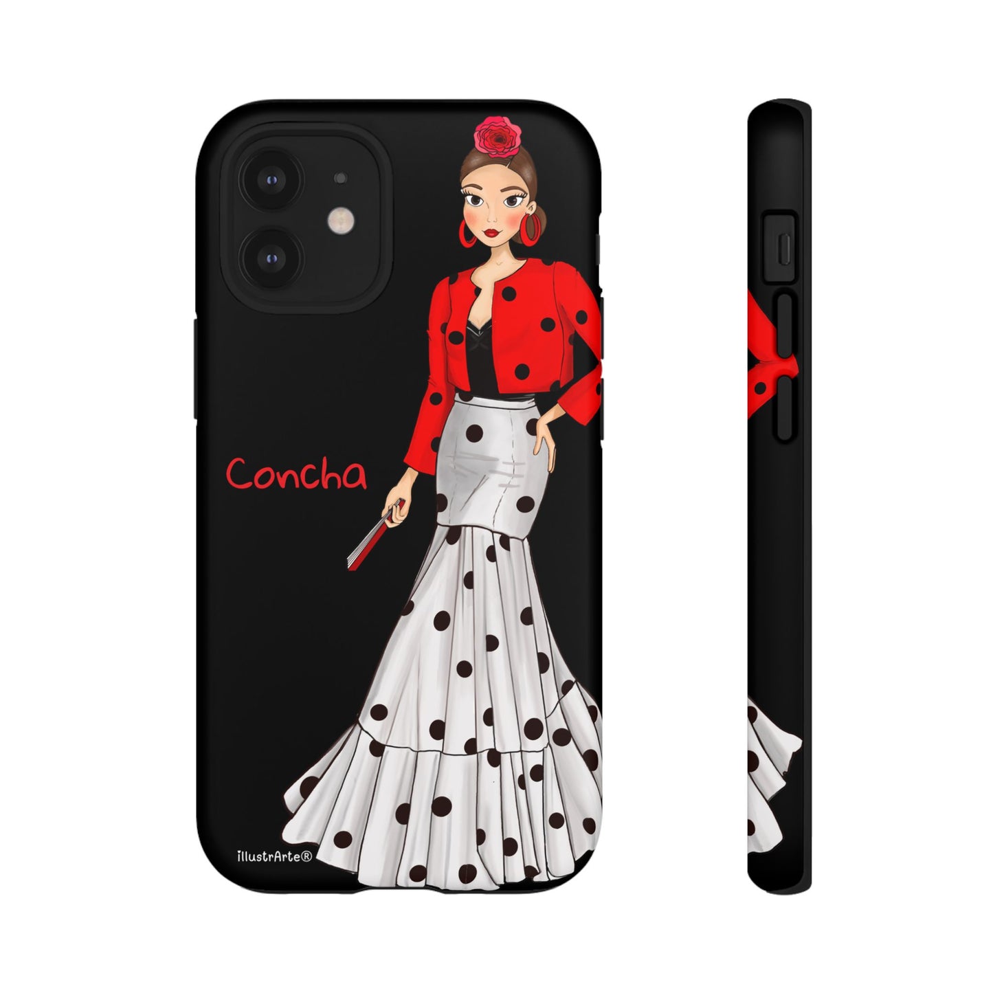Funda de teléfono personalizable - Nombre y bandera en la Modelo Conchita fondo negro.