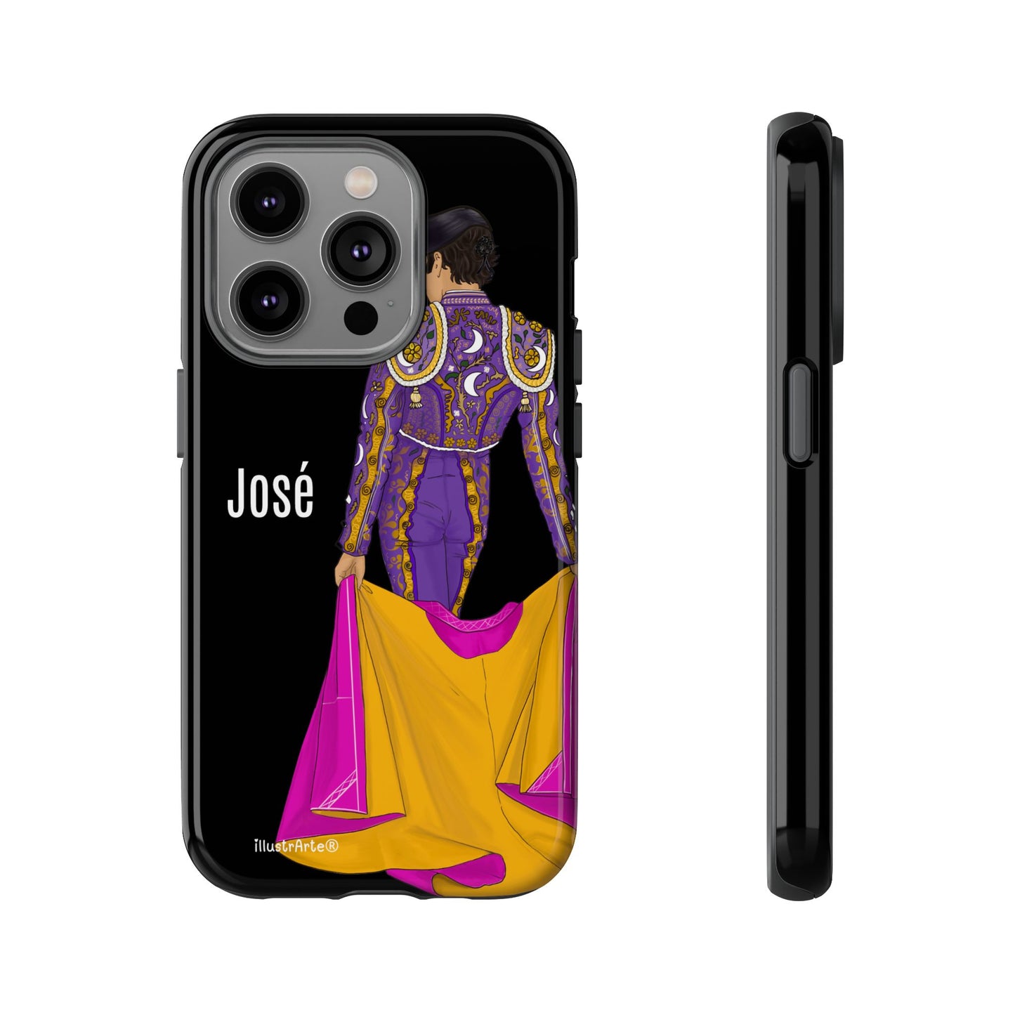 Personalized phone case featuring bullfighter José on a green background – for iPhone, Samsung, Pixel