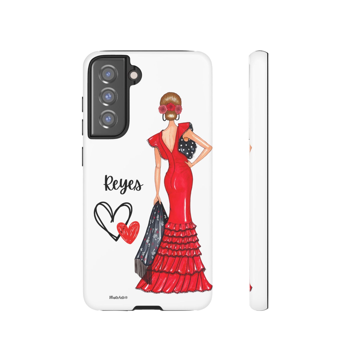 una funda de teléfono con una mujer en un vestido rojo