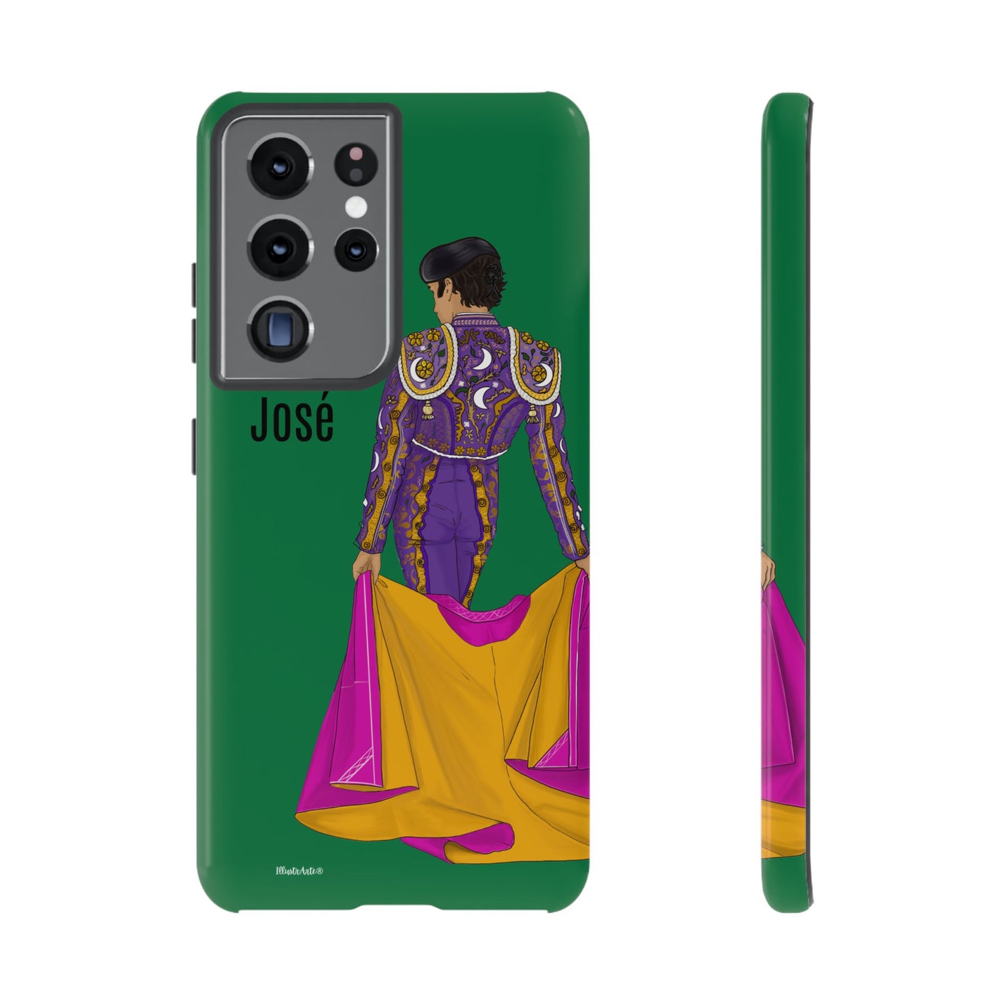 una funda de teléfono con un dibujo de un hombre en un atuendo púrpura y amarillo