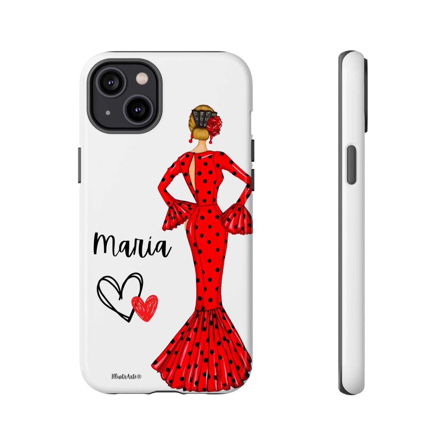 una funda de teléfono con una mujer en un vestido rojo