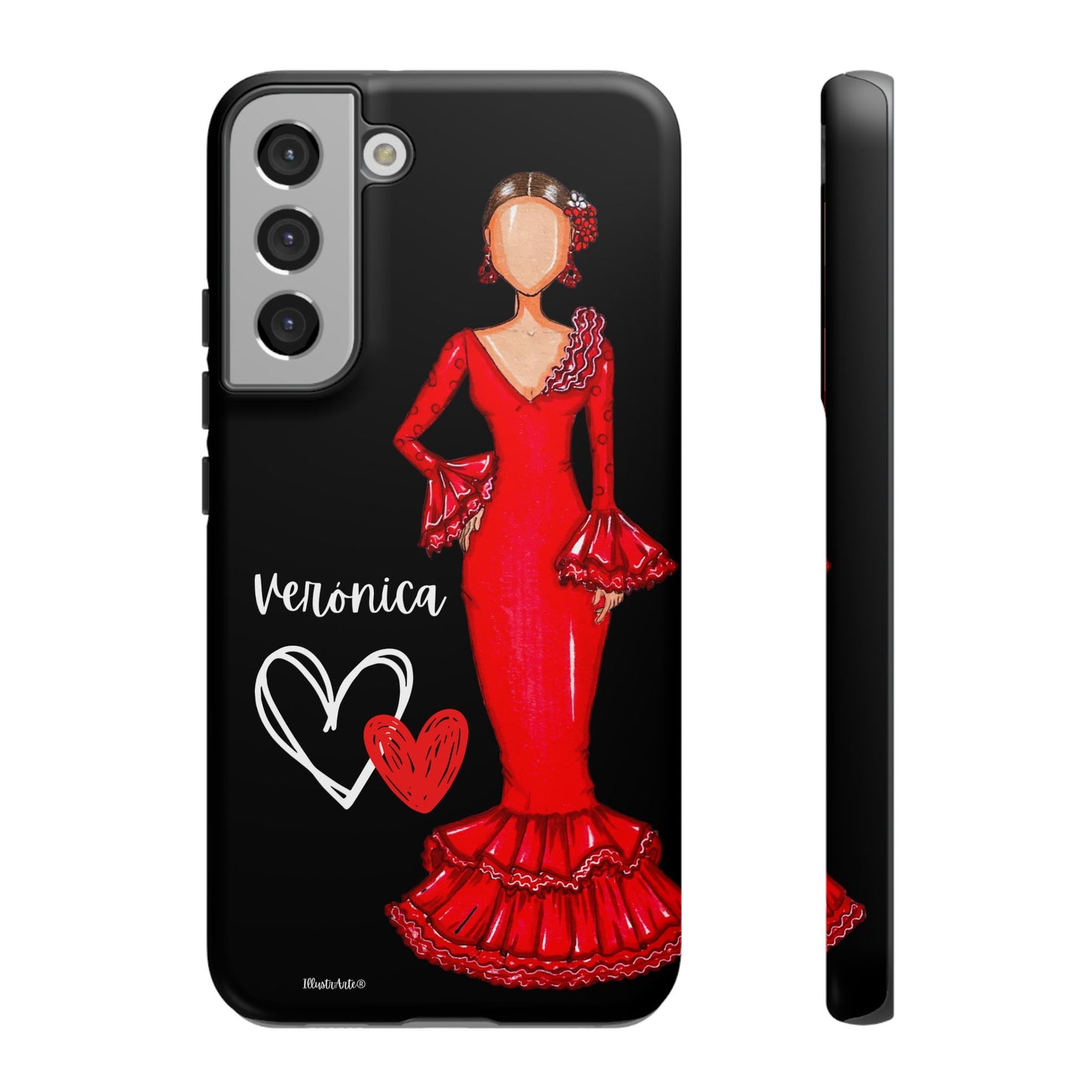 una funda de teléfono con una imagen de una mujer con un vestido rojo